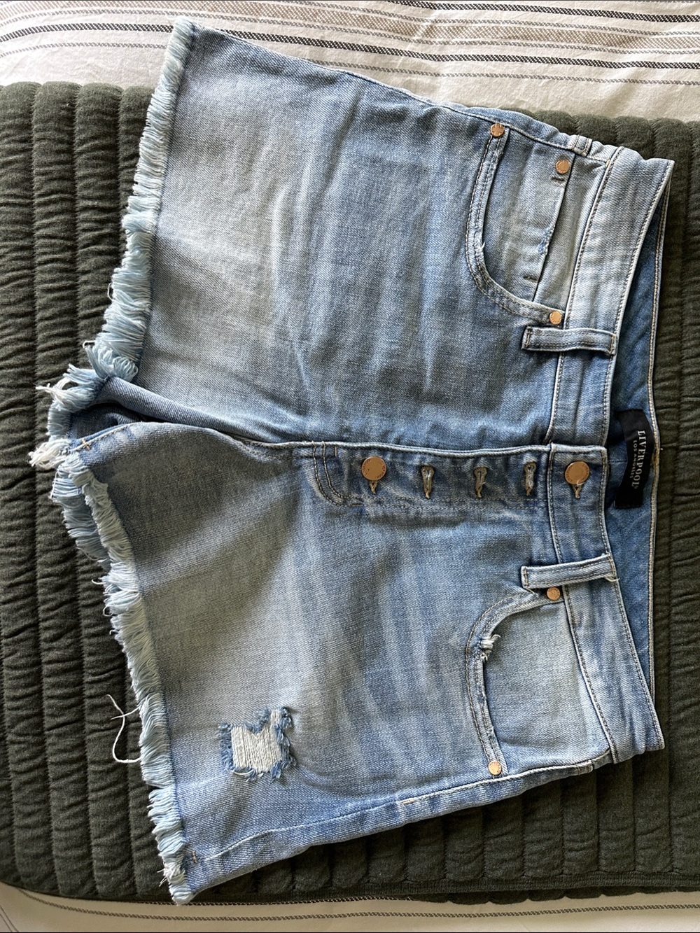 Liverpool Light Blue Distressed High-Rise Denim Shorts